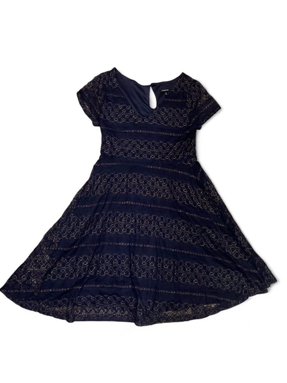 Torrid Navy and Gold Lace Fit & Flare A-Line Midi Dress Holiday Party Sz 0